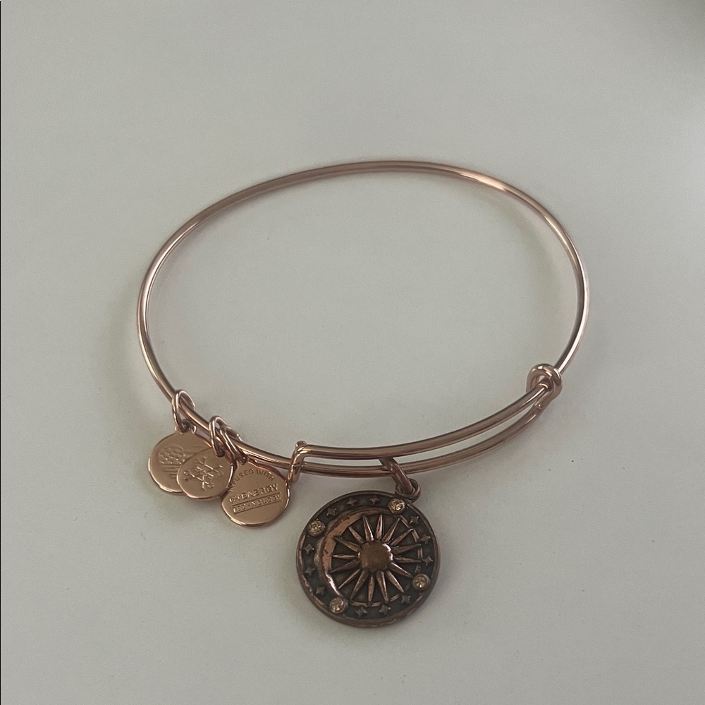 Alex and Ani Rose Gold Bangle Bracelet with Sun and Moon Charm